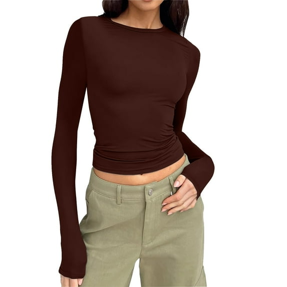 Manxivoo Womens Tops WomenâS Long Sleeve Round Neck Crop Top Tee Shirt Basic Solid Tight Slim Fit Cropped Shirt Workout Yoga Long Sleeve Shirts for Women Brown