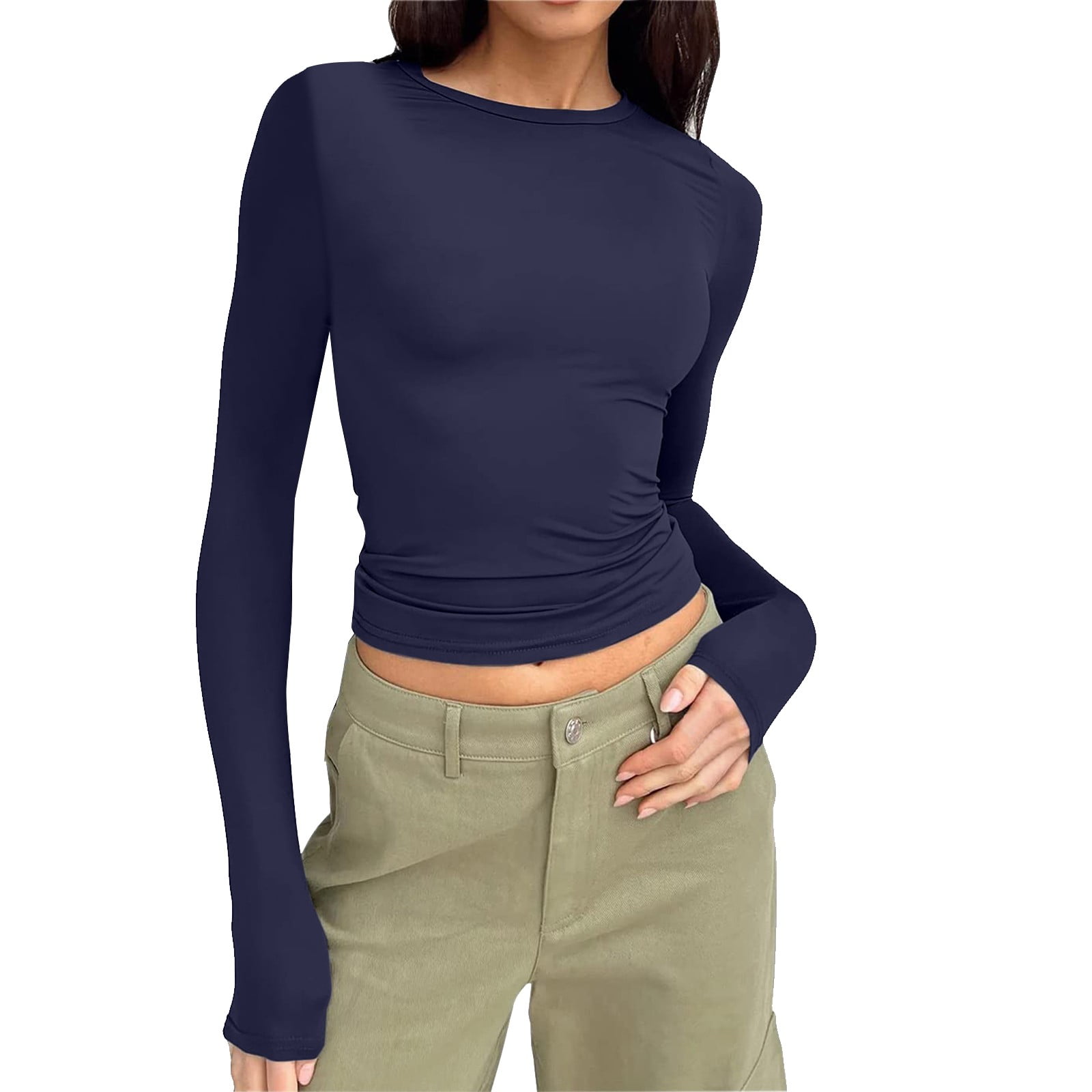Manxivoo Womens Tops Women'S Long Sleeve Round Neck Crop Top
