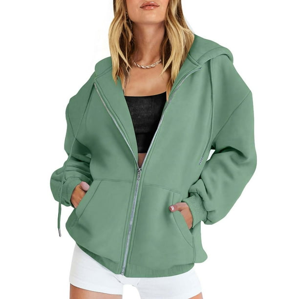 Manxivoo Zip Up Hoodies for Women Women s Fall Jacket Oversized Pocket Sweatshirt Casual Drawstring Clothing Zipper Track Jacket Solid Color Long Sleeve Hooded Top Womens Tops Green Walmart Business S...