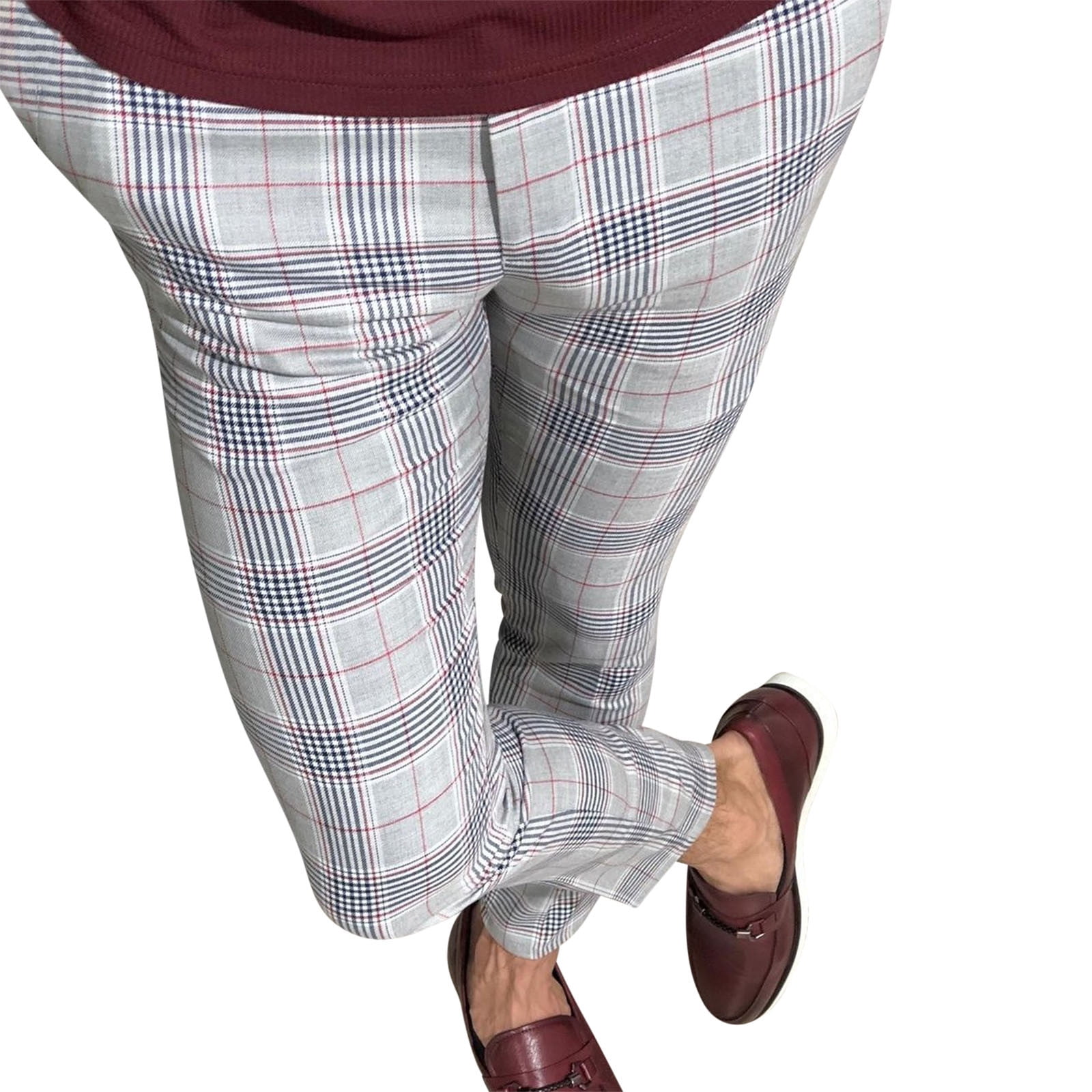 Manxivoo men's Pants Men Slim Fit Plaid Print Zipper Casual