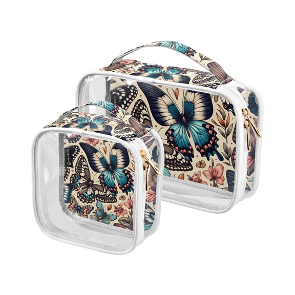 Many Butterflies Clear Cosmetic Bags with Handles PVC Toiletry Bags Zipper Waterproof Portable for Traveling 2 Pcs