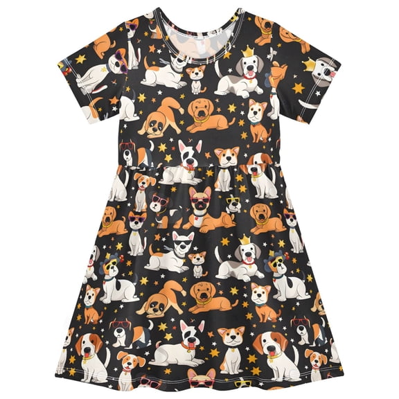 Many Dogs Short Sleeve Dress A-Line Cute Midi Casual Sundress 2-8 Years