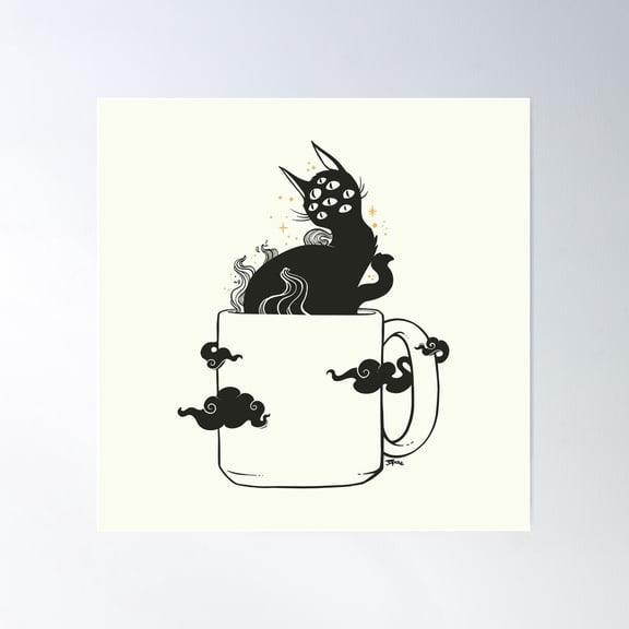 Many Eyed Cat In Coffee Cup With Magic Clouds Poster Wall Art, Modern Wall Decor For Living Room Bedroom, 16x16 UNFRAMED