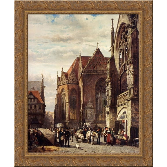 Many Figures On The Market Square In Front Of The Martinikirche, Braunschweig 24x20 Gold Ornate Wood Framed Canvas Art by Cornelis Springer
