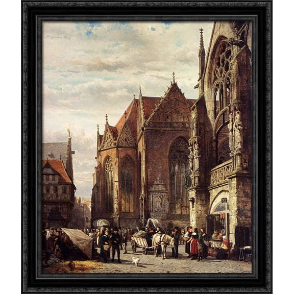 Many Figures On The Market Square In Front Of The Martinikirche, Braunschweig 28x34 Large Black Ornate Wood Framed Canvas Art by Cornelis Springer