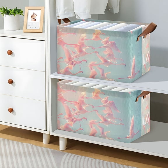 Many Fly Flamingos Foldable Storage Large Fabric Storage Baskets Organizer Storage Bins with Handles for Shelves