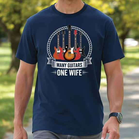 Many Guitars One Wife T-Shirt – Funny Guitar Player Tee, Musician Humor Graphic Shirt