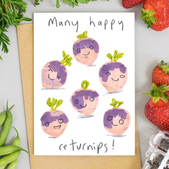 Many Happy Returnips Card Cute Turnip Illustration with Smiling Faces Blank Inside for Personal Messages Perfect for Birthdays and Cheerful Occasions