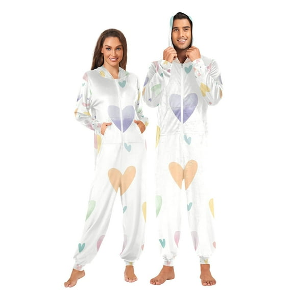 Many Hearts Adult Onesie Pajamas Slim Fit Christmas One Piece Suit Pjs for Women and Men Hooded Zipper