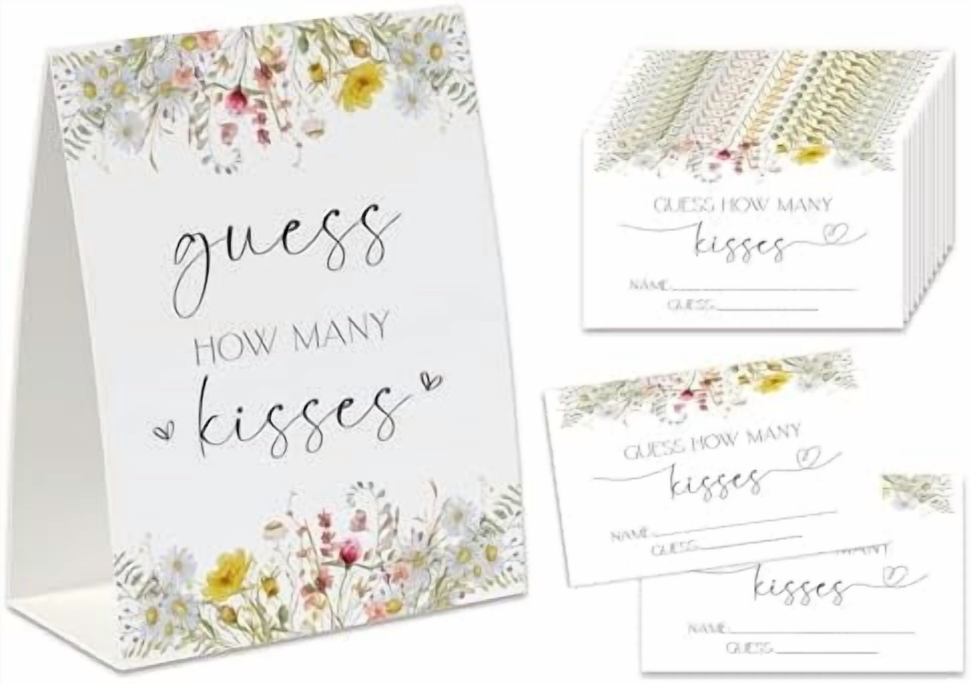 "How Many Kisses" Bridal Shower Game Kit - Includes Sign & 50 Guess Cards, Eucalyptus Design