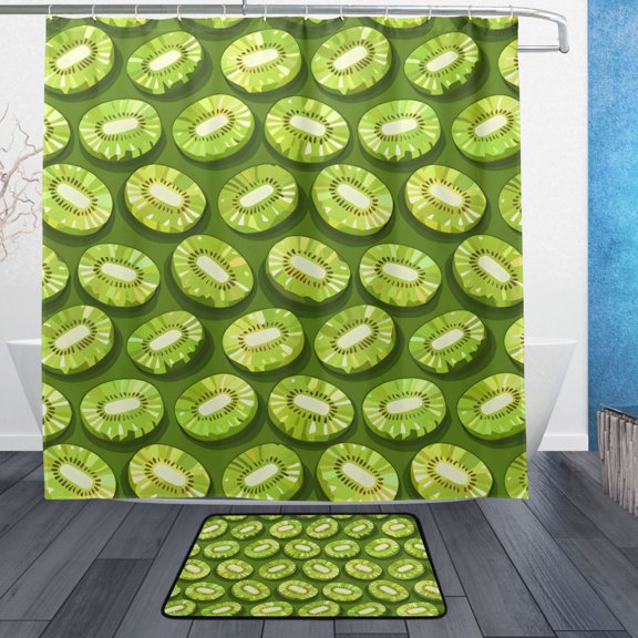 Many Kiwi Pixel Style Bathroom Accessory Sets Waterproof Shower Curtain with Absorbent Non-Slip Rug