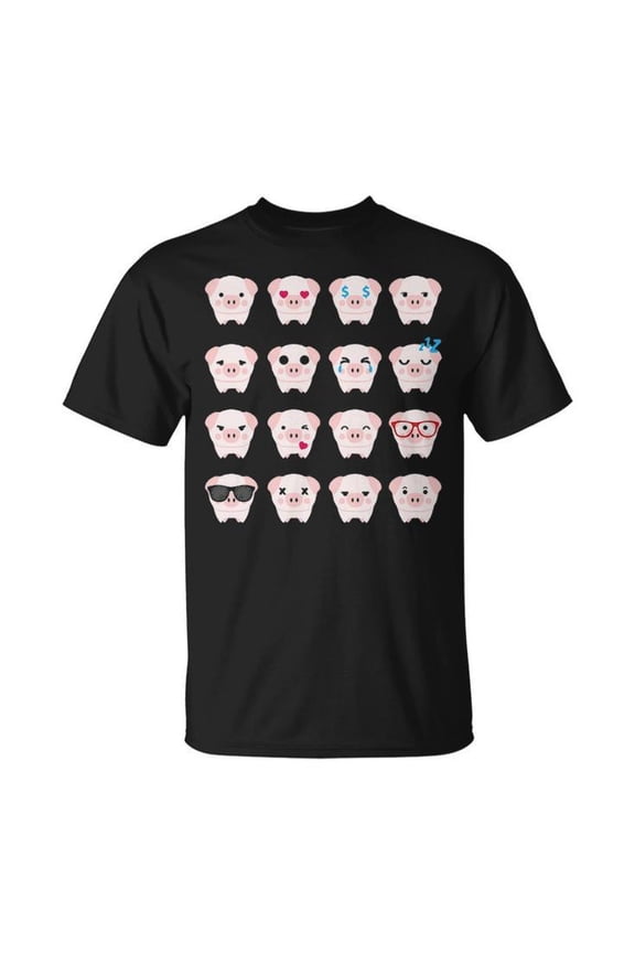 Many Pig Face Emotions Cute Pig Lover Cotton Tee for Unisex Adults – Adorable Casual T-Shirt for Everyday Wear, Size 4XL, Color Black