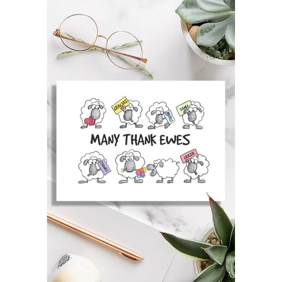 Many Thank Ewes Greeting Card  Humorous Sheep Design  Multi-Language Thank You Messages  Perfect for All Occasions  Blank Inside with Envelope Included
