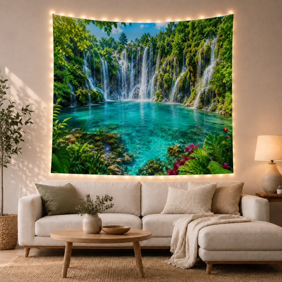 Many Waterfalls Across a Turquoise Forest Lagoon, Serene Digital Art for Nature Lovers, Jungle Waterscape Decor, New Home Gift, Tapestry Wall Hanging for Bedroom and Den