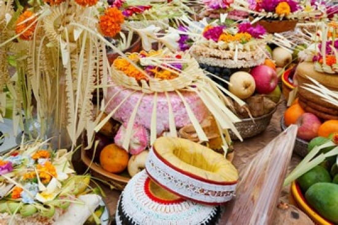 Many of the offerings on cart in front of a temple in Tampaksiring Bali Indonesia Canvas Art - Panoramic Images (36 x 24)
