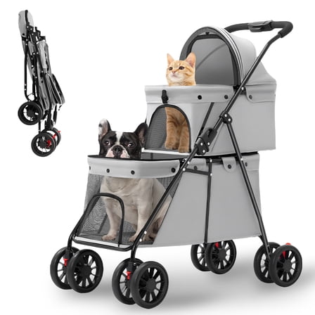 ManyFun 2 Tier Pet Stroller with 360° Degree Front Swivel & Brakes, 4-Wheeled Pet Stroller for Dog and Cat,Foldable(Gray)