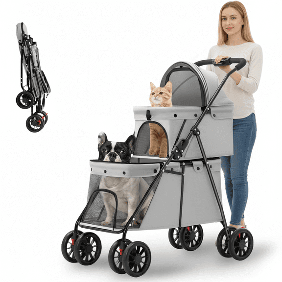 ManyFun 2 Tier Pet Stroller with 360° Degree Front Swivel & Brakes, 4-Wheeled Pet Stroller for Dog and Cat,Foldable(Gray)