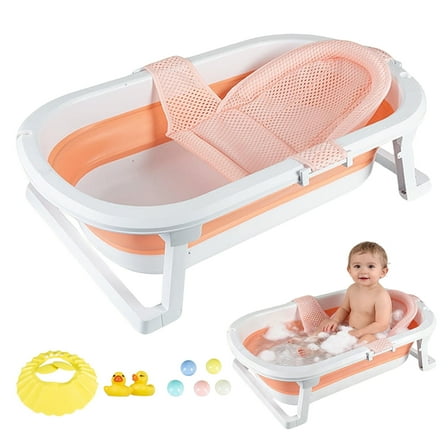ManyFun 31'' Foldable Baby Bathtub Travel Bathtub Newborn Tub with Support Baby Bath Seat Shower Mat to Recline or Sit up for 0-6Y Infants and Toddlers,Pink