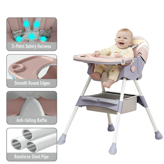 ManyFun-4-in-1 Baby High Chair Portable Toddler Baby Dining Chairs-Dining Booster Seat for Eating-Dinner Plate and Toy Rack,Purple
