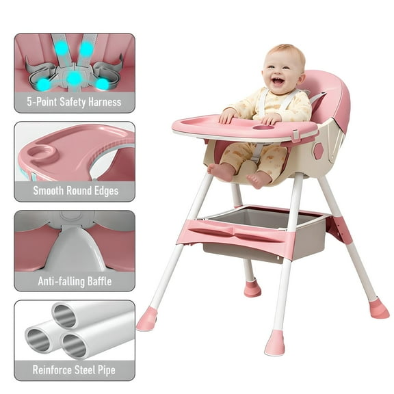 ManyFun 4 in 1 Baby High Chair Portable Toddler Baby Dining Chairs-Dining Booster Seat for Eating-Dinner Plate and Toy Rack,Pink