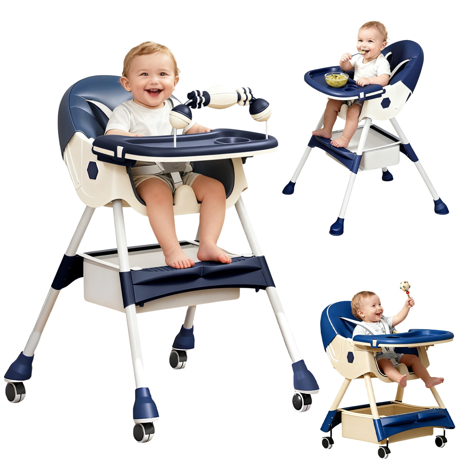 ManyFun-4-in-1 Baby High Chair Portable Toddler Baby Dining Chairs-Dining Booster Seat for Eating-Dinner Plate and Toy Rack,Gray blue