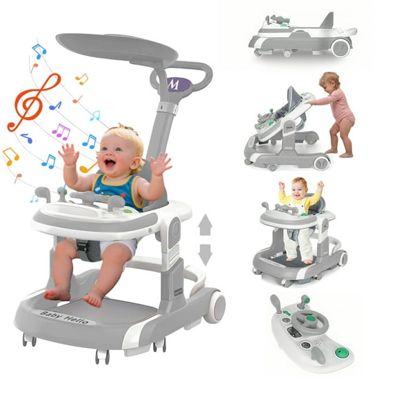 ManyFun 4-in-1 Musical Infant Baby Walker with Wheels functional, Height Adjustable, Foldable Design (Gray)