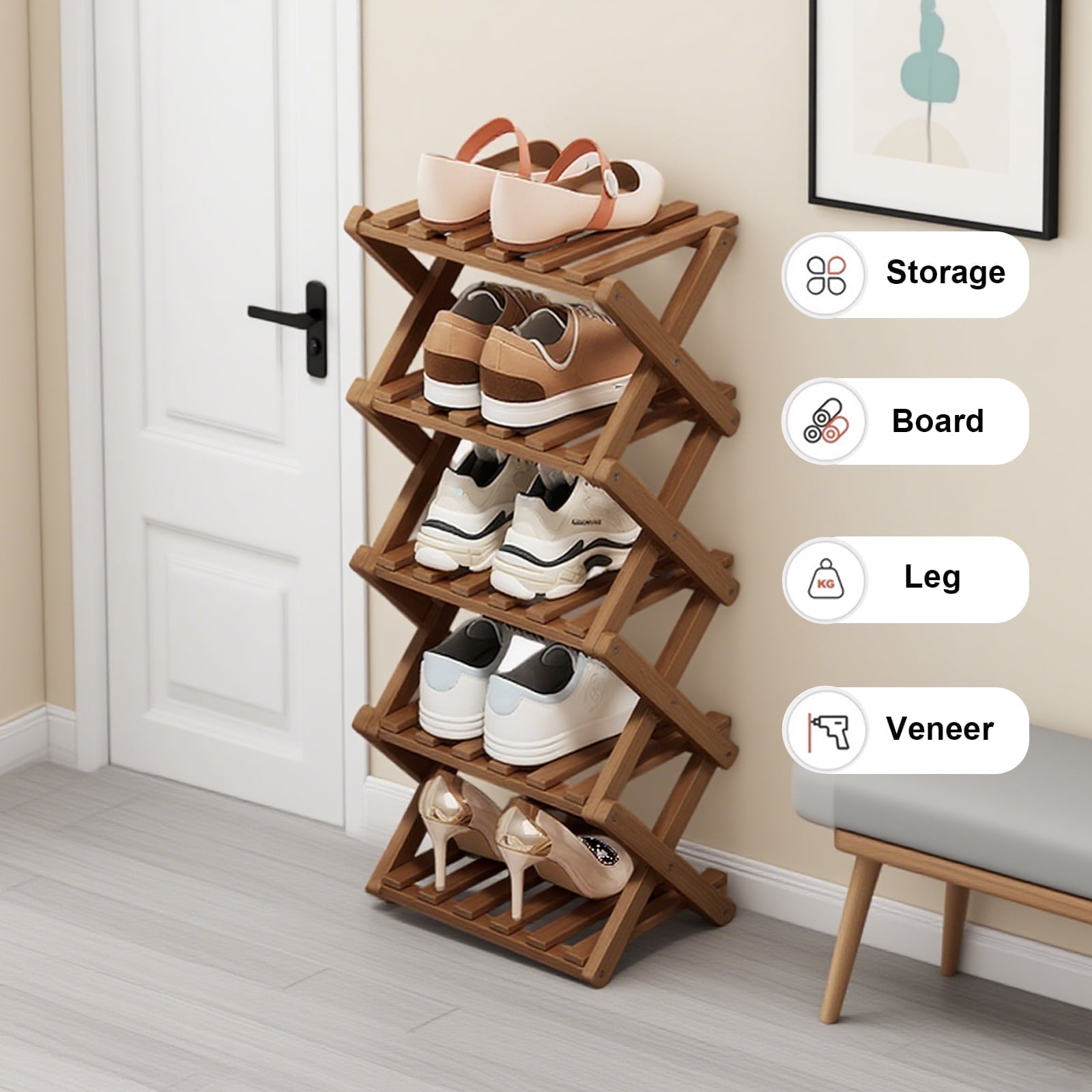 ManyFun  5-Tier Bamboo Shoe Rack for Closet Free Standing Wood Shoe Shelf Storage Organizer for Entryway Small Space Stackable,Brown