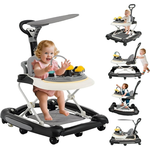 ManyFun 5-in-1 Baby Walker, Musical Activity Push Walker with Detachable Awning Footrest, Adjustable Height, Black