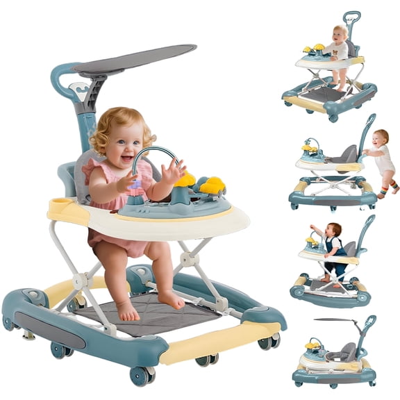 ManyFun 5-in-1 Baby Walker, Musical Activity Push Walker with Detachable Awning Footrest, Adjustable Height, Blue