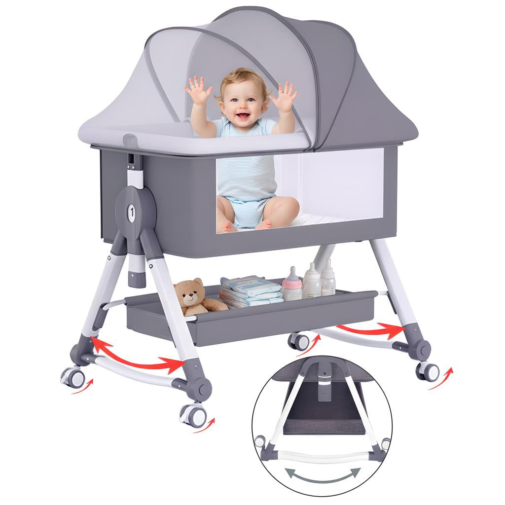 ManyFun 5 in 1 Wide Baby Bassinet Bedside with Diaper Changer with Height-Adjustable and Wheels,Gray