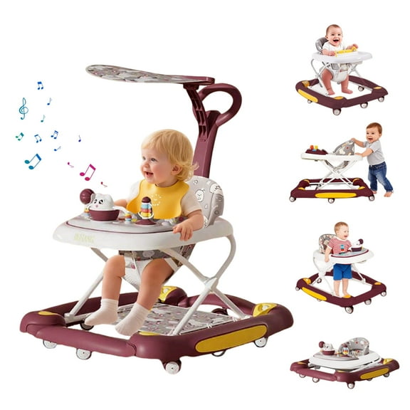 ManyFun baby Walker, 6-in-1 Multi-functional Foldable Push Walker, 6-24 Months, Red