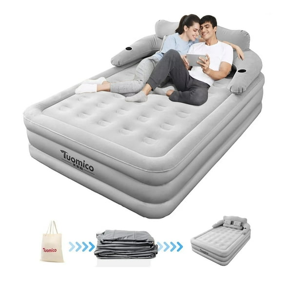 ManyFun Air Mattress with Headboard,18in Inflatable with Built-in Pump, Blow Up Mattress with Removable Electric Pump, Comfort Air Bed Queen for Camping & Home