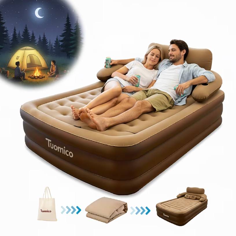 ManyFun Air Mattress Queen  with Headboard,18in Inflatable with Built-in Pump, Comfort Air Bed Queen for Camping & Home Brown