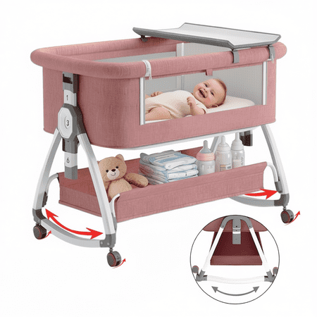 ManyFun Baby Bassinet, Caveen 4 in 1 Adjustable Infant Bedside Crib Beds with Changing Table, Storage Basket, Wheel, Mosquito Net, for 0-24 Months, Pink