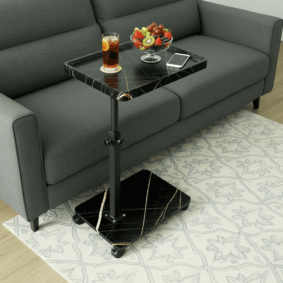 ManyFun C Table End Table Adjustable Heigh Durable MDF Top, Steel Frame, Universal Wheels, Multifunctional Tea Table-(Black and Gold)