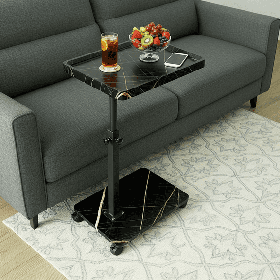 ManyFun C Table End Table Adjustable Heigh Durable MDF Top, Steel Frame, Universal Wheels, Multifunctional Tea Table-(Black and Gold)
