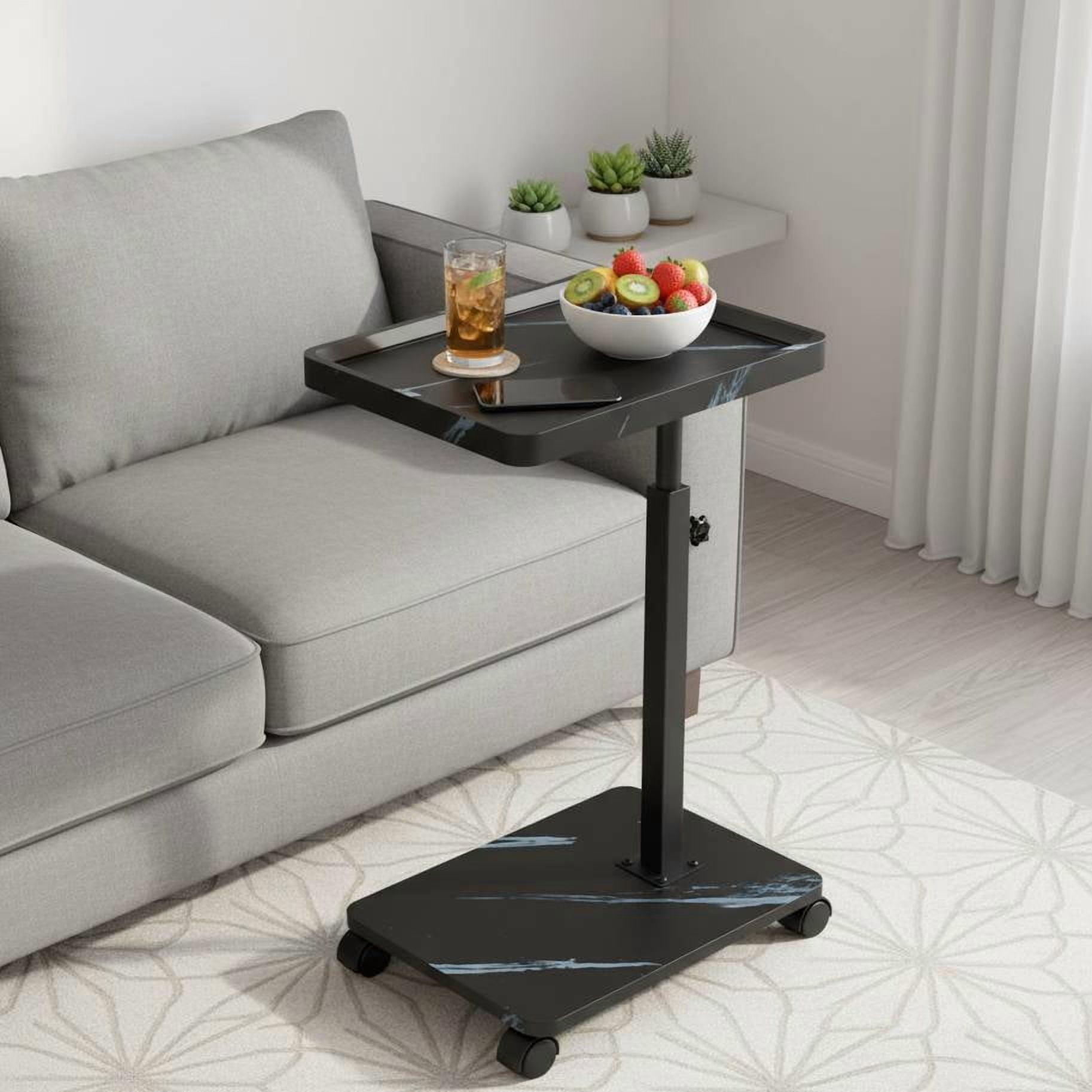 ManyFun C Table End Table Adjustable Heigh Durable MDF Top, Steel Frame, Universal Wheels, Multifunctional Tea Table (Black and white texture)