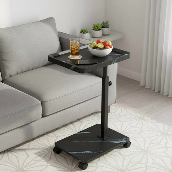 ManyFun C Table End Table Adjustable Heigh Durable MDF Top, Steel Frame, Universal Wheels, Multifunctional Tea Table (Black and white texture)
