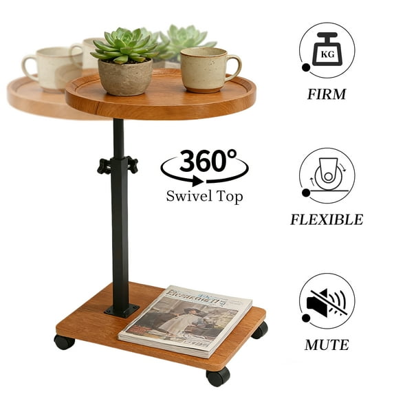 ManyFun Circle Wooden Sofa Side Table,Adjustable Height, 360°Swivel TV Tray Table for Small Spaces,C Table End Table