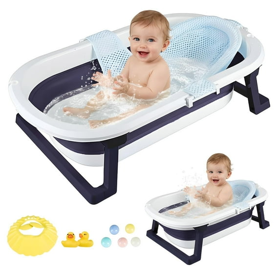 ManyFun Collapsible Baby Bathtub – Bathtub + Baby tub Sling + Newborn Sling – Baby Bathtub Newborn to Toddler 0-24 Months (Blue)