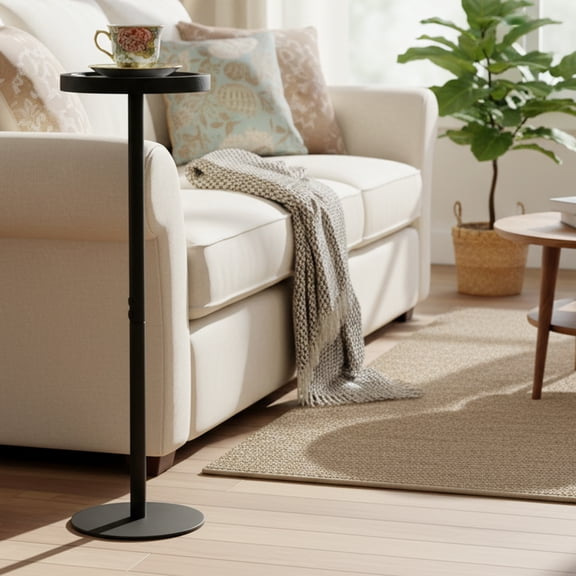 ManyFun Drink Table, Small Pedestal Side Table, Round Cocktail Table, Circle End Table with Metal Base, for Small Spaces, Black