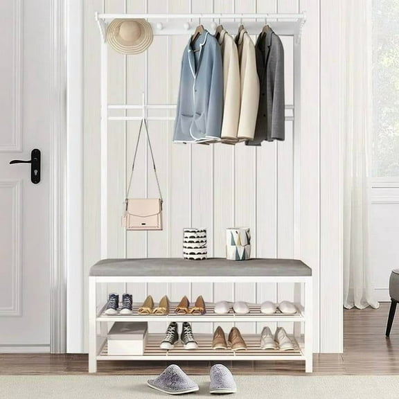 ManyFun Entryway Coat Rack Shoe Bench 5 in 1 Hall Tree Black, 2 Tier Shoe Rack, 10 Hooks, White
