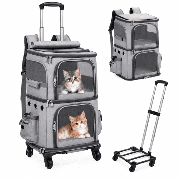 ManyFun Double Cat Backpack Carrier with Wheels Pet Carrier for Cat Small Dog Traveling Picnic Grey