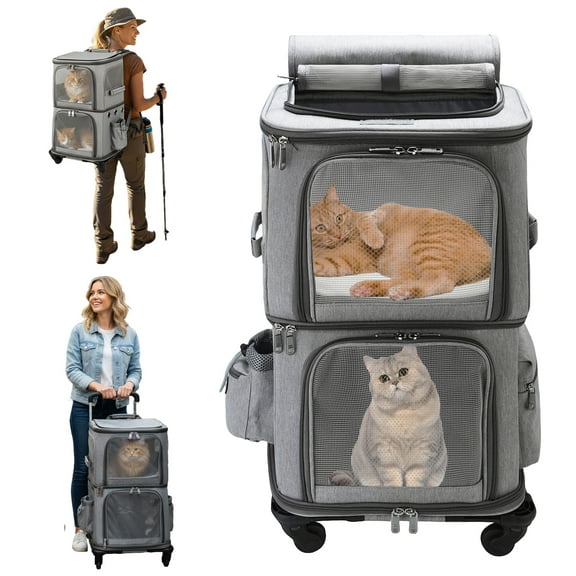 ManyFun Extra Large Double-Compartment Pet Carrier Backpack with Wheels for Small Dogs and Cats, Cat Rolling Carrier for 2 Cats, Perfect for Traveling/Taking a Walk/Trips to The Vet, Grey