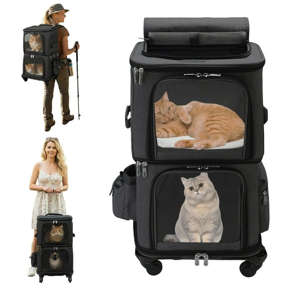 ManyFun Extra Large Double-Compartment Pet Carrier Backpack with Wheels for Small Dogs and Cats, Cat Rolling Carrier for 2 Cats, Perfect for Traveling/Taking a Walk/Trips to The Vet, Black