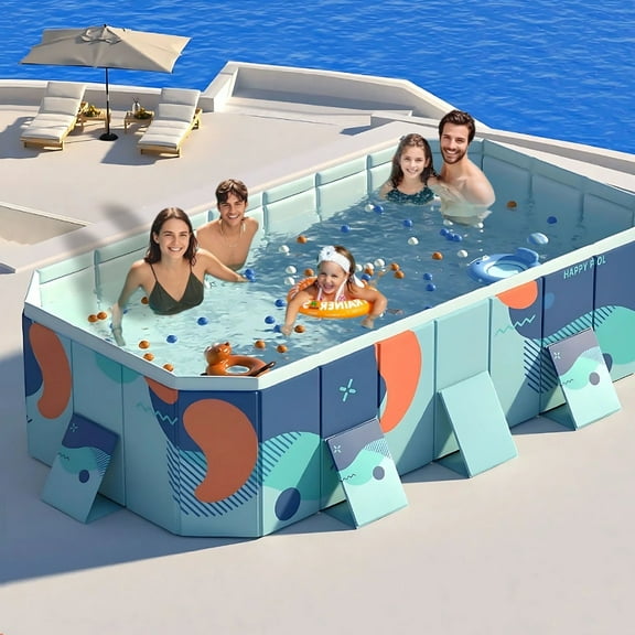 ManyFun Foldable Non-Inflatable Outdoor Swimming Pool, Hard Plastic Shell, 113" x 66" x 20"