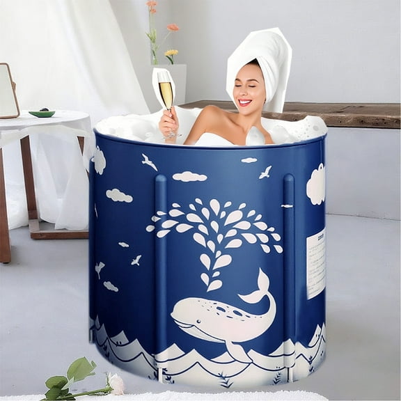 ManyFun Folding Bathtub Portable Shower Bath Tub, for Adults or Kids Efficiently Maintaining Temperature Soaking Tub, Blue, Whale Pattern