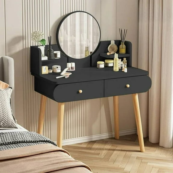 ManyFun Makeup Vanity Desk with Mirror and Lights, Makeup Vanity Set with Drawers,with 2 Drawers & 2 Shelves ,Black (Without Stool)