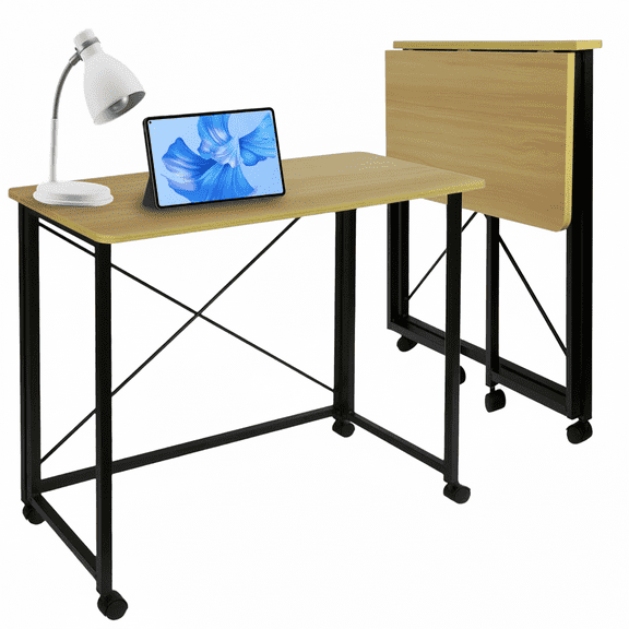ManyFun Mobile Folding Desk Rolling Compact Laptop Desk, Foldable Computer Desk with Wheels for Small Space,Walnut