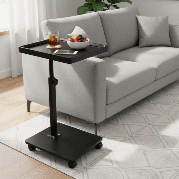 ManyFun C Shaped Side Table End Table, 360° Swivel and Adjustable Height ,living room and bedroom (Black)